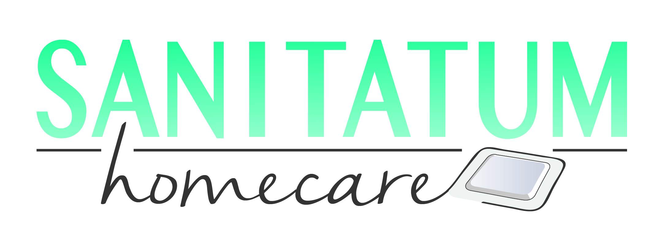 Logo von "SANITATUM homecare" in türkiser und schwarzer Schrift, mit einem Tablettensymbol rechts.