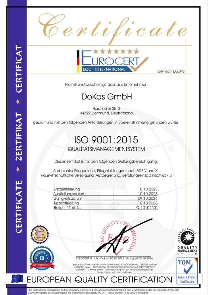 Zertifikat der DoKas GmbH mit blauem und goldenen Design sowie offiziellem Siegel