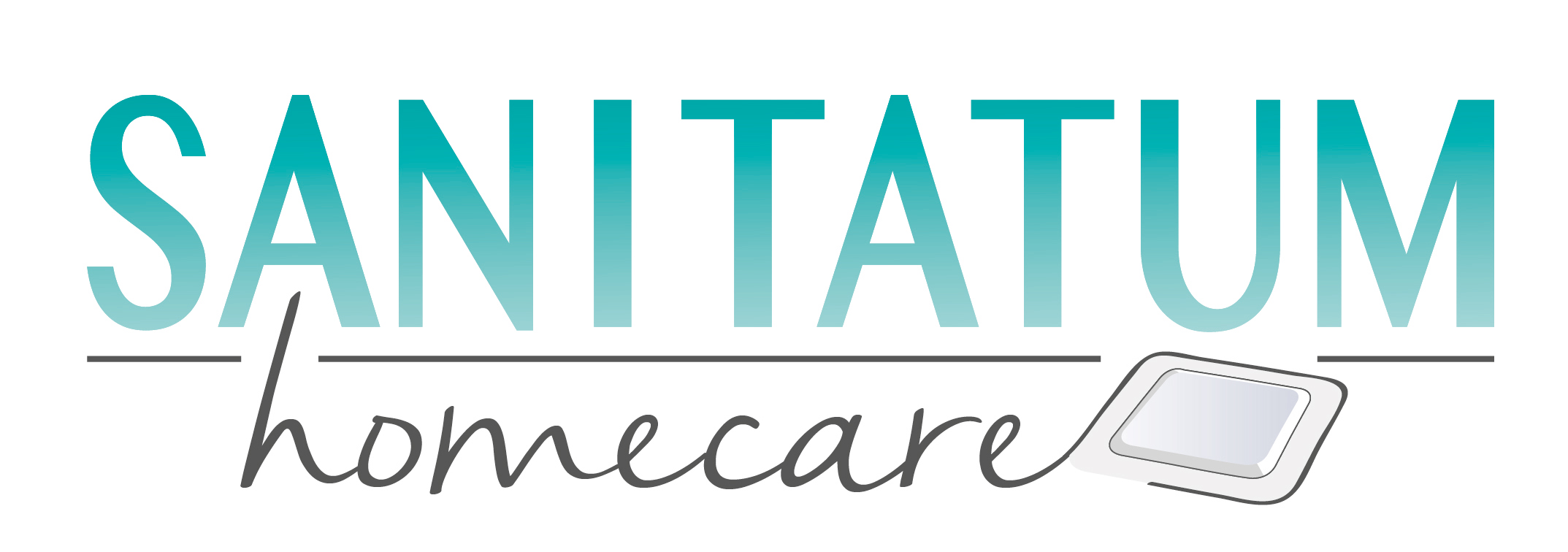 Sanitatum homecare Logo in Türkis und Grau mit einem stilisierten Tablett